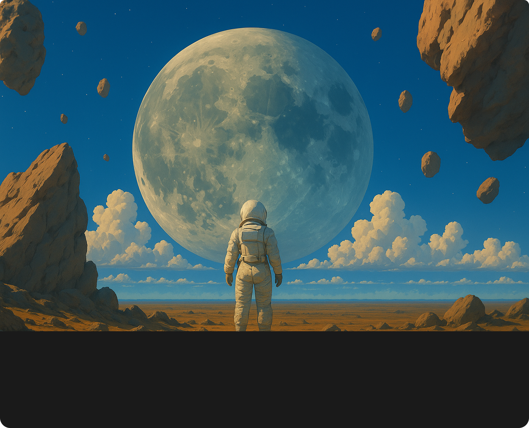 Astronaut looking at a massive moon over an alien landscape